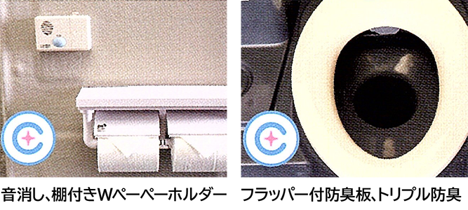 音消し、棚付きWペーペーホルダー フラッパー付防臭板、トリプル防臭